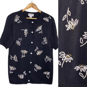 Alfred Dunner Vintage Black Daisy Flower Embroidered Knit Cardigan Sweater Small